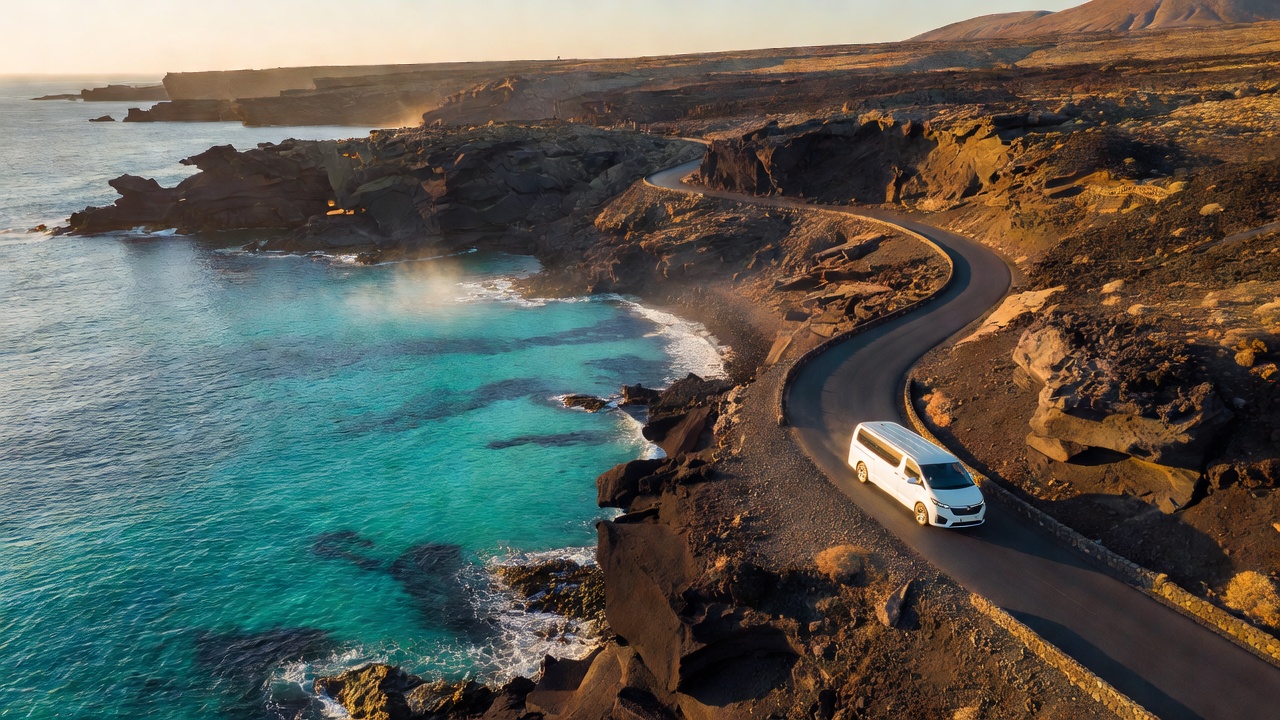 Minibús de Speedybus en la costa de Lanzarote